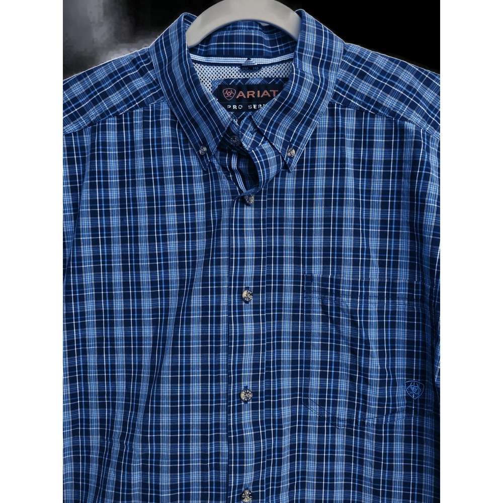Ariat Pro Series Mens Blue Plaid Short Sleeve Button Down Shirt Large